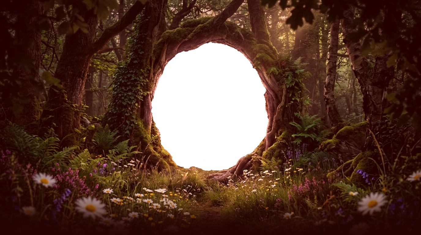 A portal of mossy trees opening onto a glowing sky